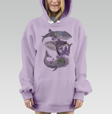 Гармония китов и сирени в акварели, Hoodie Mjhigh Dig Mel, Fiolet, утепленная