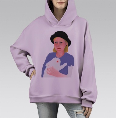 Женщина с кроликом в шляпе-котелок, Hoodie Mono Fiolet, оверсайз, утепленная
