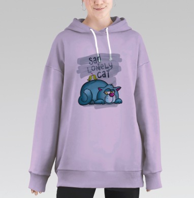 Грустный синий кот с поющими зелёными птичками, Hoodie Long Oversize Fiolet