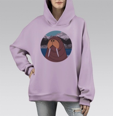 Иллюстрация Моржа в Арктическом Пейзаже, Hoodie Mono Fiolet, оверсайз, утепленная