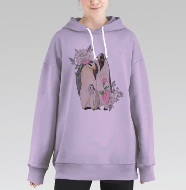 Императорские пингвины в цветочной заботе, Hoodie Long Oversize Fiolet