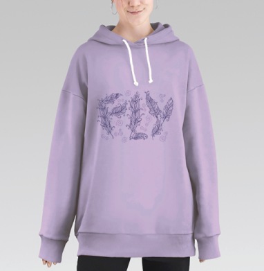 Изысканное слово FLY из декоративных перьев, Hoodie Long Oversize Fiolet