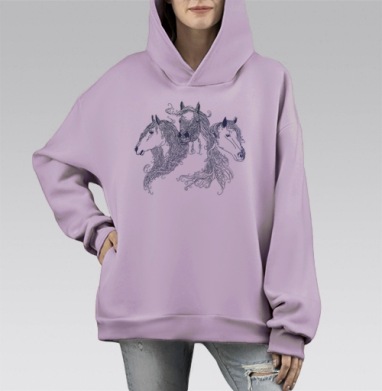 Изящные головы лошадей с орнаментами, Hoodie Mono Fiolet, оверсайз, утепленная