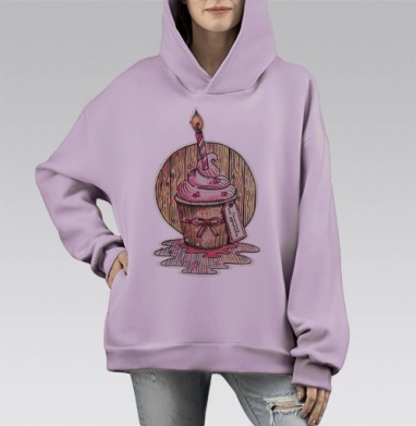 Капкейк на удачу с розовой глазурью и свечой, Hoodie Mono Fiolet, оверсайз, утепленная