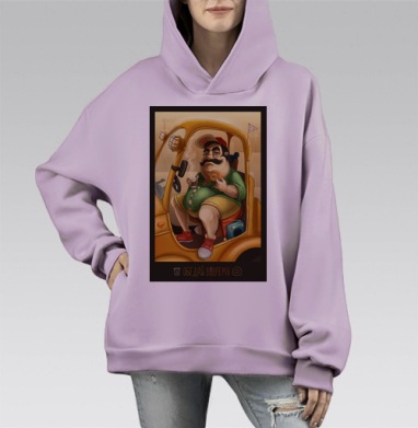 Карикатура: Мужчина с усами за рулем желтого авто, Hoodie Mono Fiolet, оверсайз, утепленная