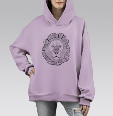 Линейный орнамент Льва в технике зентангл, Hoodie Mono Fiolet, оверсайз, утепленная