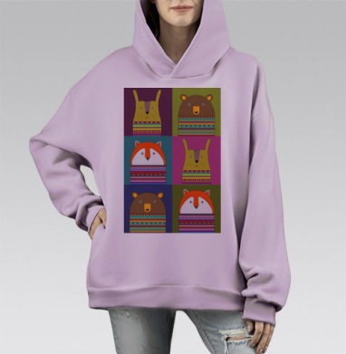 Лис_медвед и заяц, Hoodie Mono Fiolet, оверсайз, утепленная
