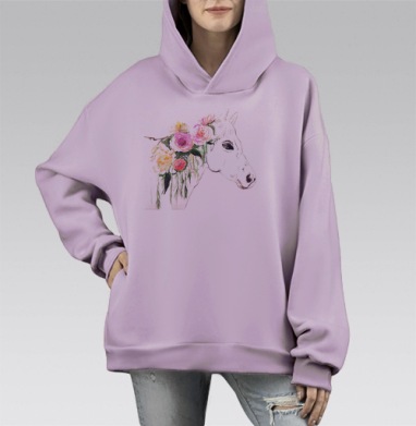 Лошадь в розовых цветах, Hoodie Mono Fiolet, оверсайз, утепленная