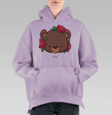 Медведь и пионы, Hoodie Oversize Fiolet, утепленная