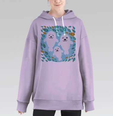 Милые мультяшные белые тюлени и рыбки, Hoodie Long Oversize Fiolet