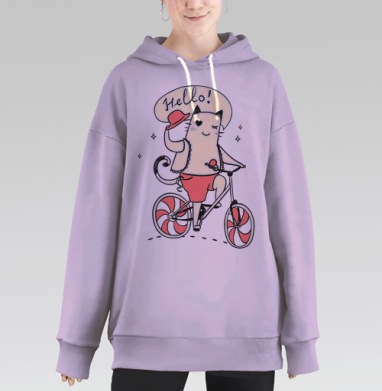 Милый котёнок на велосипеде с приветствием, Hoodie Long Oversize Fiolet