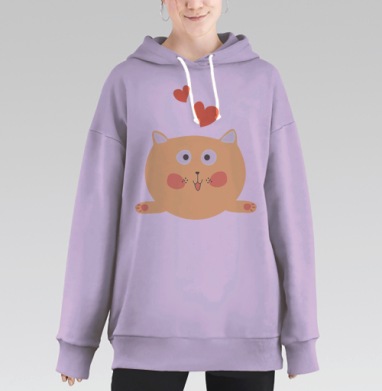 Милый мультяшный кот с сердечками – позитив и радость, Hoodie Long Oversize Fiolet