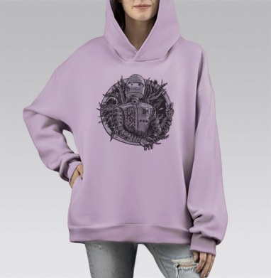 Мирный робот в растительных узорах, Hoodie Mono Fiolet, оверсайз, утепленная
