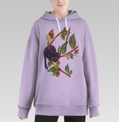 Мистический кот на осенней ветке, Hoodie Long Oversize Fiolet
