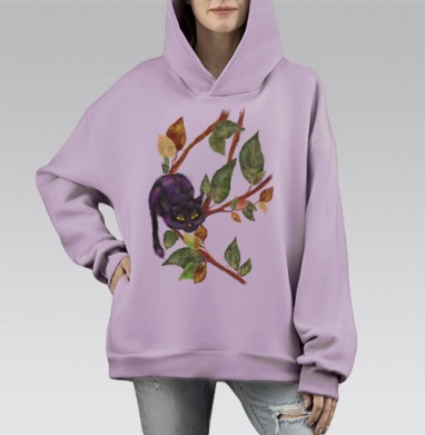 Мистический кот на осенней ветке, Hoodie Mono Fiolet, оверсайз, утепленная