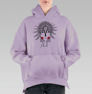 Мистический персонаж с венком из перьев и черепом, Hoodie Oversize Fiolet, утепленная
