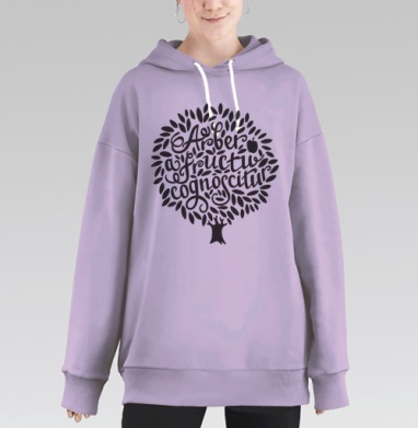 Монохромное графическое дерево с пословицей, Hoodie Long Oversize Fiolet
