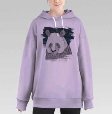 Монохромный портрет задумчивой панды на фоне космоса, Hoodie Long Oversize Fiolet