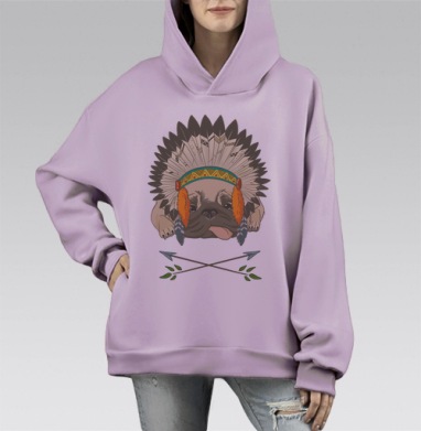 Мопс в индейском головном уборе с яркими перьями, Hoodie Mono Fiolet, оверсайз, утепленная