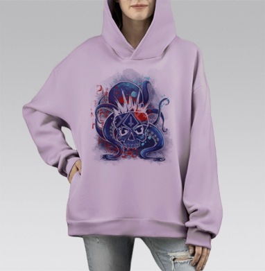 Мощный череп и щупальца осьминога, Hoodie Mono Fiolet, оверсайз, утепленная