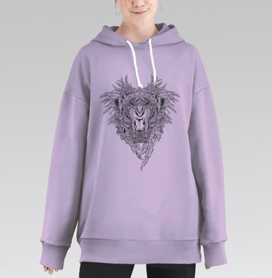 Мощный портрет рычащего льва с этно-узорами, Hoodie Long Oversize Fiolet