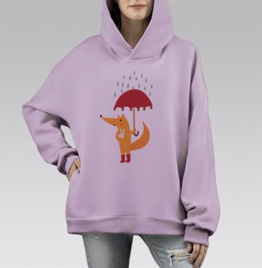 Мультяшная лиса с зонтом и зайчиком на животе, Hoodie Mono Fiolet, оверсайз, утепленная