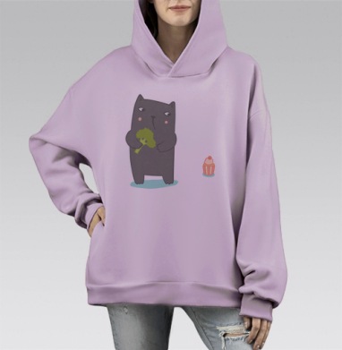 Мультяшный кот и выбор между брокколи и кексом, Hoodie Mono Fiolet, оверсайз, утепленная