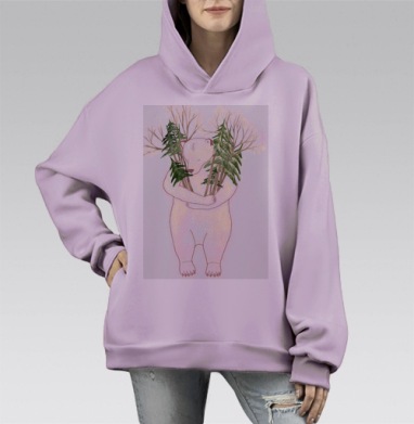 Нежный белый медведь с ёлочками, Hoodie Mono Fiolet, оверсайз, утепленная