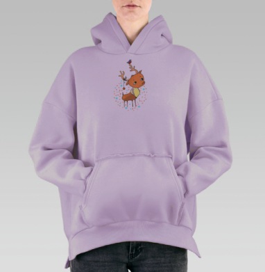 Новогодний олень с игрушкой и птичкой - мультипликация, Hoodie Oversize Fiolet, утепленная