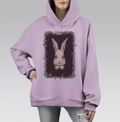 Очаровательный заяц с цветочной рамкой, Hoodie Mono Fiolet, оверсайз, утепленная