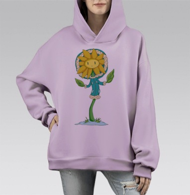Одуванчик в зимней куртке с зелёными листьями, Hoodie Mono Fiolet, оверсайз, утепленная