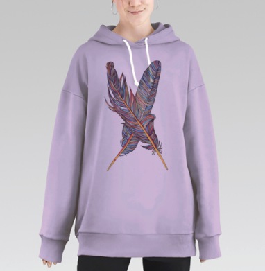 Перекрещенные яркие перья в линейной технике, Hoodie Long Oversize Fiolet
