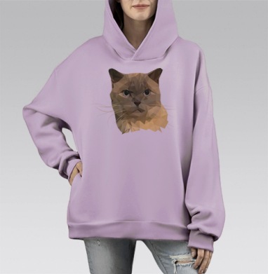 Полигональный кот, Hoodie Mono Fiolet, оверсайз, утепленная
