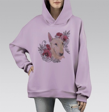 Портрет бультерьера с маками в акварели, Hoodie Mono Fiolet, оверсайз, утепленная