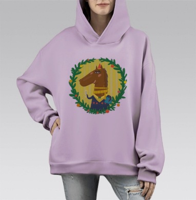 Праздничный конь в новогоднем венке, Hoodie Mono Fiolet, оверсайз, утепленная