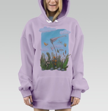 Сачок и бабочки в нежной акварели, Hoodie Mjhigh Dig Mel, Fiolet, утепленная