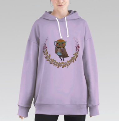 Симпатичный совенок-модник с лавровым венком, Hoodie Long Oversize Fiolet
