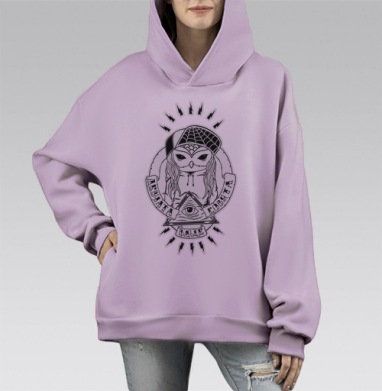 Стильная сова в хип-хоп образе с эзотерикой, Hoodie Mono Fiolet, оверсайз, утепленная