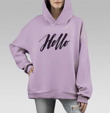 Стильный каллиграфический принт Hello на белом фоне, Hoodie Mono Fiolet, оверсайз, утепленная