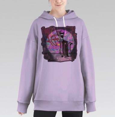 Стилизованный кот на фоне неонового граффити, Hoodie Long Oversize Fiolet