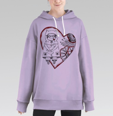 Тепло детской нежности с котёнком в сердце, Hoodie Long Oversize Fiolet