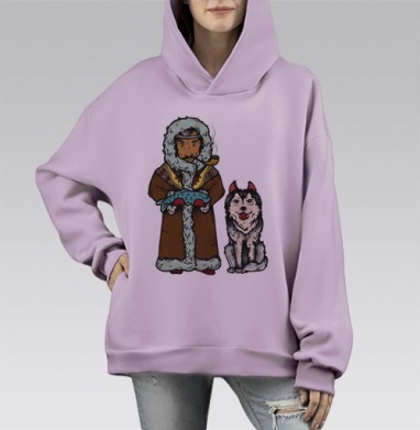 Традиционный северный охотник с собакой и рыбой, Hoodie Mono Fiolet, оверсайз, утепленная