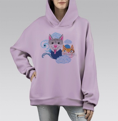 Узор из собак и котов, Hoodie Mono Fiolet, оверсайз, утепленная