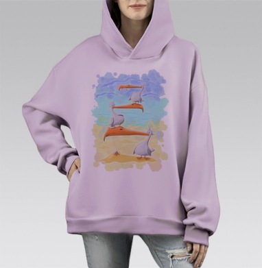 Весёлая башня из четырёх пеликанов на пляже, Hoodie Mono Fiolet, оверсайз, утепленная