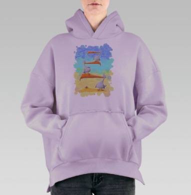 Весёлая башня из четырёх пеликанов на пляже, Hoodie Oversize Fiolet, утепленная