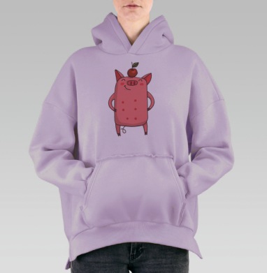 Веселый мультяшный розовый поросенок с яблоком, Hoodie Oversize Fiolet, утепленная