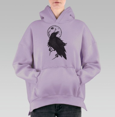 Ворона с глазами на фоне полной луны, Hoodie Oversize Fiolet, утепленная