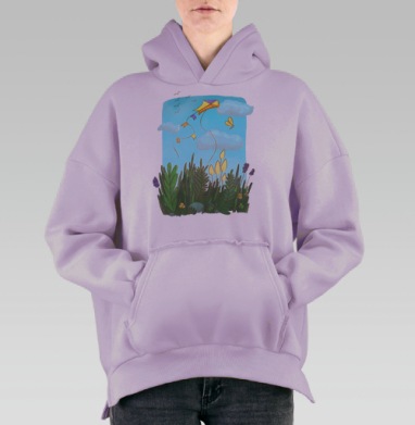 Воздушный змей в небе над зеленью, Hoodie Oversize Fiolet, утепленная