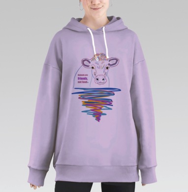 Взгляд коровы с надписью о дружбе с животными, Hoodie Long Oversize Fiolet