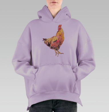 Яркая акварельная живопись петуха на фоне неба, Hoodie Oversize Fiolet, утепленная